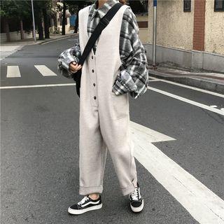 Long Sleeve Plaid Blouse / Buttoned Jumper Pants
