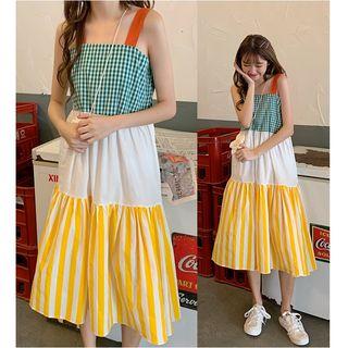 Patterned Panel Wide-strap Midi Dress As Shown In Figure - One Size