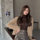 Mock-neck Top / Woolen Cardigan / Faux Leather Skirt