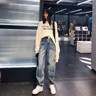 Contrast Panel High-waist Straight-cut Jeans