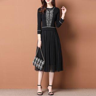 Patterned Knit Panel Midi A-line Mesh Dress