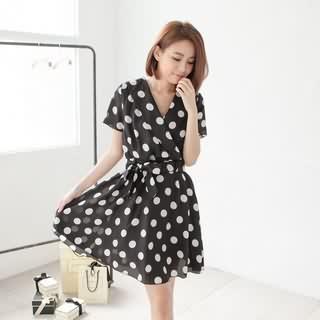 Polka-dot V-neck Short-sleeve A-line Dress