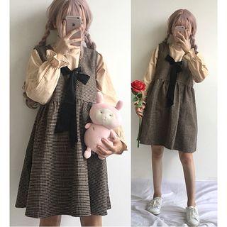 Frill Trim Long-sleeve Blouse / Houndstooth A-line Pinafore Dress / Set: Frill Trim Long-sleeve Blouse + Houndstooth A-line Pinafore Dress