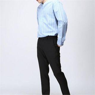 Collarless Open-placket Striped Shirt