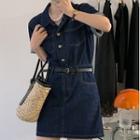 Short-sleeve Denim Mini Shirt Dress With Belt - Dark Green - One Size