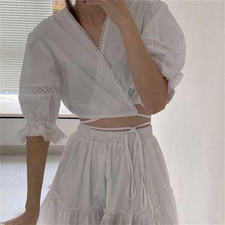 Elbow-sleeve Lace Panel Blouse / Mini A-line Skirt