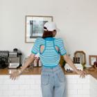 Cutout-back Stripe Knit Polo Shirt