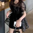 Couple Matching Spaghetti Strap Mini Dress / Short-sleeve Dotted Mesh Dress / Letter Embroidered Collar / Short-sleeve Striped Polo Shirt / Set