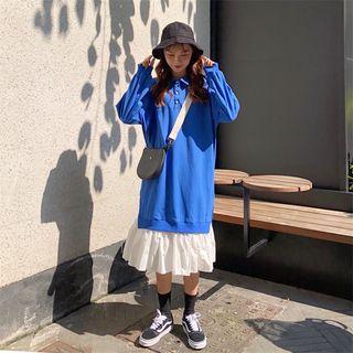 Long-sleeve Polo Collar Paneled A-line Dress