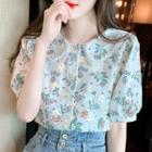 Puff-sleeve Collar Print Blouse