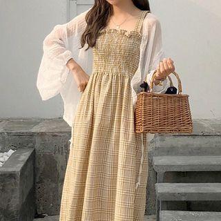Check Strappy A-line Midi Dress / Plain Light Jacket