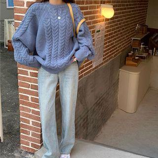 Long-sleeve Cable-knit Sweater / High-waist Straight Fit Jeans