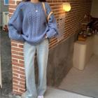 Long-sleeve Cable-knit Sweater / High-waist Straight Fit Jeans