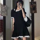 Puff-sleeve Lace Trim Mini A-line Dress Black - One Size