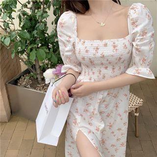Puff-sleeve Floral Print A-line Dress Light Orange Floral - White - One Size
