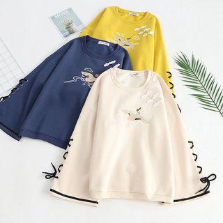 Crane Embroidered Fleece-lined Pullover