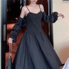 Puff-sleeve Cropped Shirt / Spaghetti Strap Dress