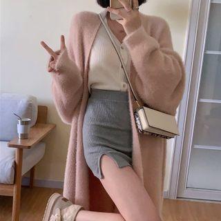 Open Front Midi Cardigan / V-neck Cardigan / Side-slit Mini Pencil Skirt