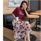 Set: Short-sleeve Lettering T-shirt + Midi A-line Floral Skirt
