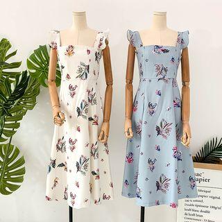 Spaghetti Strap Floral Midi A-line Dress