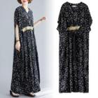 Floral Elbow-sleeve Maxi A-line Dress Black - One Size