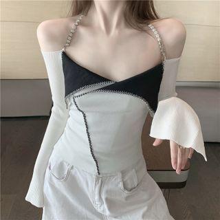 Halter-neck Chained Paneled Knit Top White - One Size