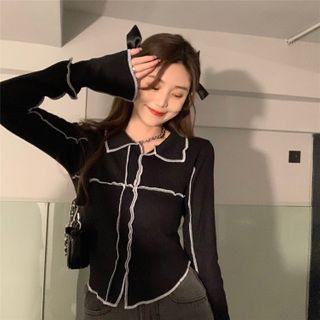Long-sleeve Two-tone Slim-fit Knit Top Black - One Size