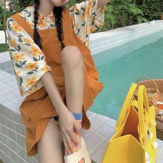 Elbow-sleeve Floral Hawaiian Shirt / Wide Leg Jumper Shorts