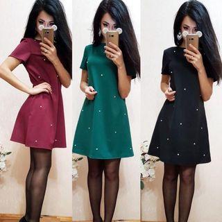 Short-sleeve Sequined A-line Plain Dress