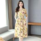 Short-sleeve Print Linen A-line Dress