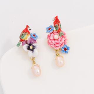 Asymmetrical Faux Pearl Floral Drop Earring 1 Pair - Red - One Size