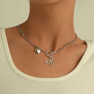Butterfly Heart Pendant Alloy Necklace Silver - One Size