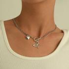 Butterfly Heart Pendant Alloy Necklace Silver - One Size