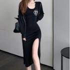 Set: Slit Midi Sheath Tank Dress + Zip-up Hoodie