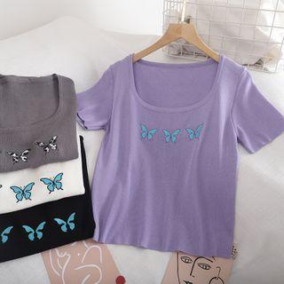 Short-sleeve Butterfly Embroidered Knit Top