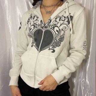 Heart Print Long-sleeve Zip Hooded Light Jacket