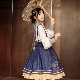 Puff-sleeve Blouse / Cape / Phoenix Print Jumper Dress / Set