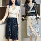 Mesh Panel V-neck Top / Glitter A-line Skirt