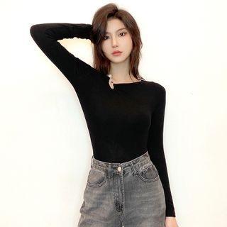 Long-sleeve Faux Pearl Asymmetrical Top