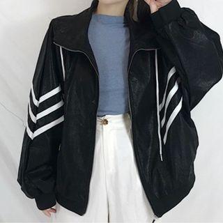 Faux Leather Drawstring Striped Jacket