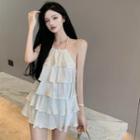 Layered Pearl-strap Mini Halter Dress White - One Size