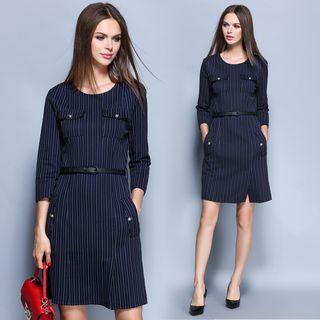 3/4-sleeve Gathered-waist Crewneck Striped A-line Sheath Dress
