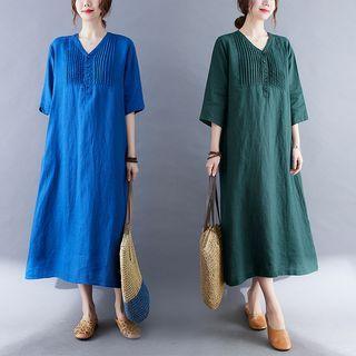 Short-sleeve V-neck Plain Loose-fit Dress