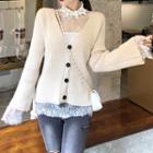 Stand Collar Long-sleeve Lace Top / V-neck Cardigan