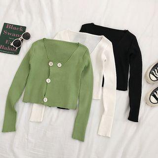 Square Neck Double-breasted Long-sleeve Open Knit Top