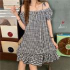 Cold-shoulder Gingham Shift Dress Black - One Size