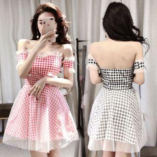Short-sleeve Off-shoulder Plaid Mini A-line Dress