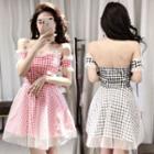 Short-sleeve Off-shoulder Plaid Mini A-line Dress