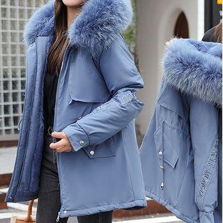 Letter Embroidered Fluffy Trim Hooded Jacket
