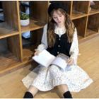 Long-sleeve Dotted Frill Collar Dress / Cable Knit Button Vest